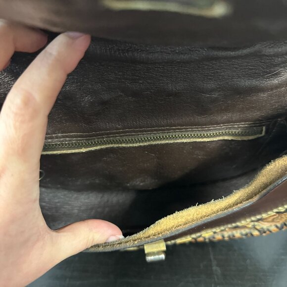 Vtg 70s Mexico Tooled Leather Stitched Patchwork Floral Hippie Boho Bag Purse - Picture 3 of 8